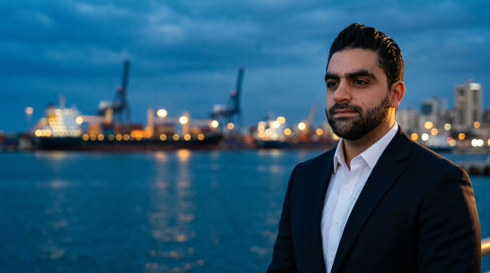 Alaa Kamaz overlooking Tripoli harbor at dusk